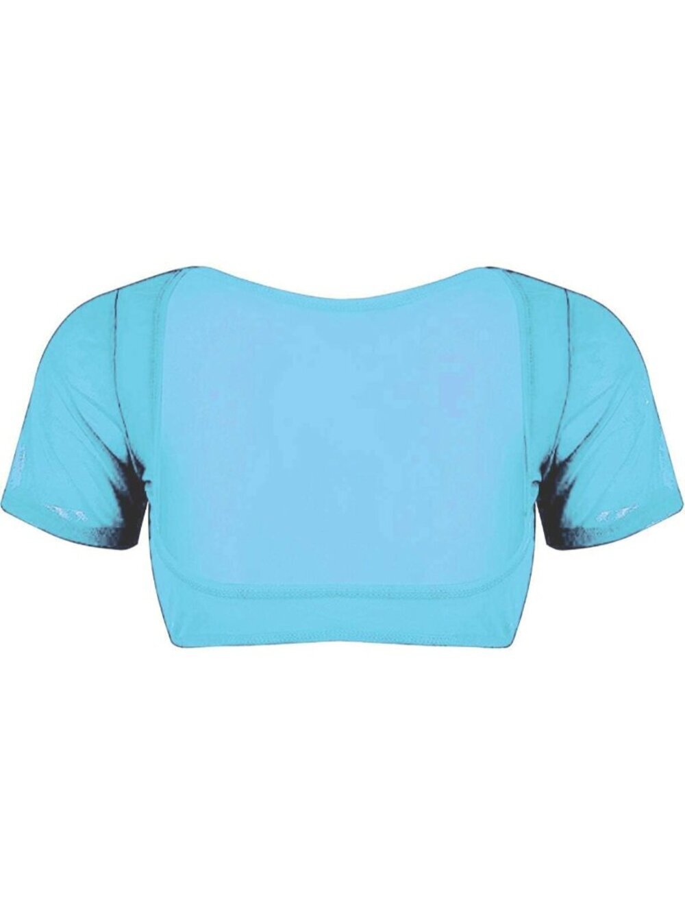 Women's Cyan Mesh Open Bust Short Sleeve Spandex Belly Dance Crop Top
